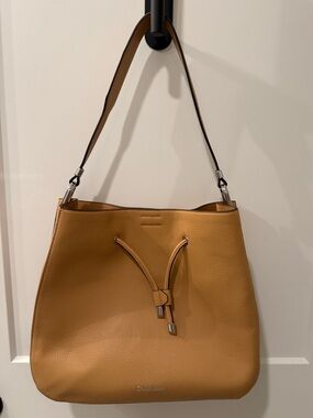 Calvin Klein Tan Pebbled Leather Drawstring Shoulder Bag